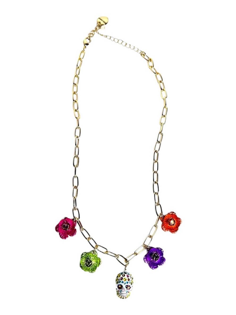NWT Betsey Johnson Halloween Sugar Skull and Flowers Gold Tone Necklace
